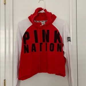 PINK red and white “cropped” hoodie